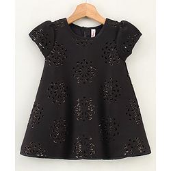 Babyhug Cap Sleeves Partywear Frock with Floral Laser Cutout Design - Black