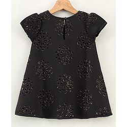 Babyhug Cap Sleeves Partywear Frock with Floral Laser Cutout Design - Black