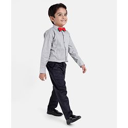 Babyhug Full Sleeves Striped Shirt & Trouser With Bow - Grey & Navy