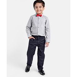 Babyhug Full Sleeves Striped Shirt & Trouser With Bow - Grey & Navy