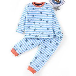 Babyhug Full Sleeves Night Suit Stripes & Star Print - White