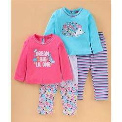Babyhug Cotton Knit Full Sleeves Text Print Night Suit Pack of 2 - Multicolour
