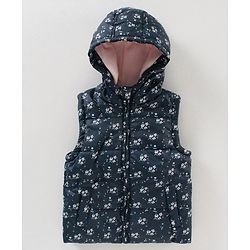 Babyhug Sleeveless Hooded Jacket Floral Print- Navy Blue