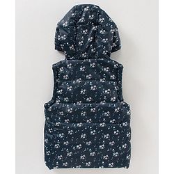 Babyhug Sleeveless Hooded Jacket Floral Print- Navy Blue