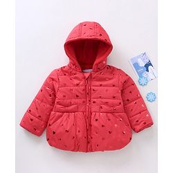 Babyhug Full Sleeves Hooded Padded Jacket Glitter Heart Print - Red