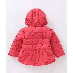 Babyhug Full Sleeves Hooded Padded Jacket Glitter Heart Print - Red