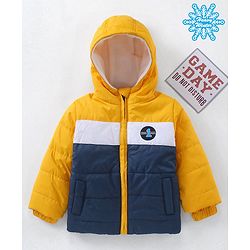 Babyhug Full Sleeves Color Block Hooded Fashion Heavy Winter Jacket - Yellow Navy Blue