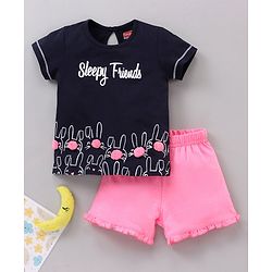 Babyhug Half Sleeves Night Suit Sleepy Friends Print - Navy Blue Pink