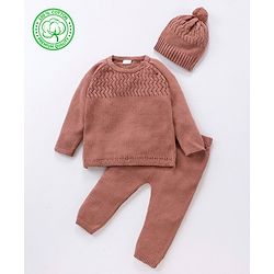 Babyhug 100% Organic Cotton Full Sleeves Sweater & Lounge Pant With Cap Solid Colour- Brown