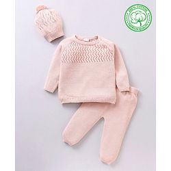 Babyhug 100% Organic Cotton Full Sleeves Baby Sweater Set With Cap Chevron Design- Peach