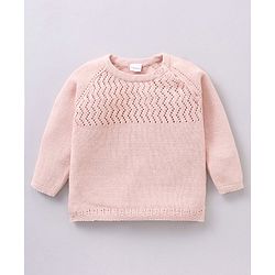 Babyhug 100% Organic Cotton Full Sleeves Baby Sweater Set With Cap Chevron Design- Peach