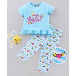 Babyhug Cotton Half Sleeves Night Suit Text Print - Blue