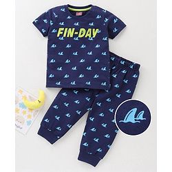 Babyhug Cotton Half Sleeves Pajama Set Fin Printed - Blue