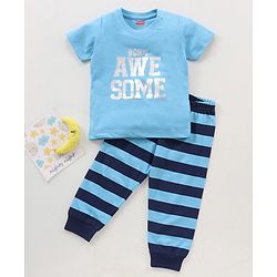 Babyhug Half Sleeves T-Shirt & Pyjama Set Text & Stripe Print - Blue