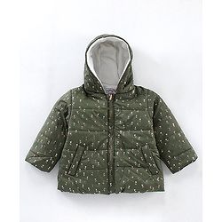 Babyhug Full Sleeves Hooded Fashion Heavy Winter Jacket Floral Print - Olive Green
