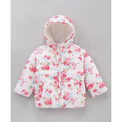 Babyhug Full Sleeves Hooded Fashion Heavy Winter Jacket Floral Print - Pink White