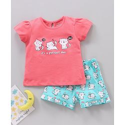 Babyhug Half Sleeves Top & Shorts Kitty Print - Pink Blue