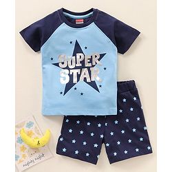 Babyhug Raglan Sleeves T-Shirt & Shorts Set Text & Star Print - Navy Blue
