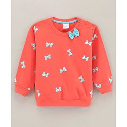 Babyhug Full Sleeves Cotton Knit Sweatshirt Bow Print & Bow Applique - Coral Pink