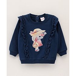 Babyhug Full Sleeves Sweatshirt with Frill Detailing Girl Digital Print Applique - Navy
