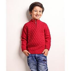 Babyhug Full Sleeves Cable Knit Henley Sweater - Red