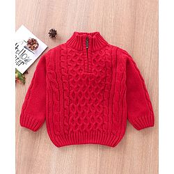 Babyhug Full Sleeves Cable Knit Henley Sweater - Red