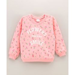 Babyhug Full Sleeves Knit Sweatshirt With Graphics & Floral Print- Peach