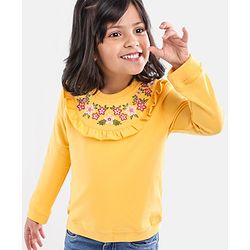 Babyhug Full Sleeves Cotton Knit Sweatshirt With Floral Embroidery & Frill Detailing - Mustard Yellow