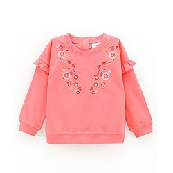 Babyhug Full Sleeves Cotton Knit Sweatshirt Floral Embroidered - Pink