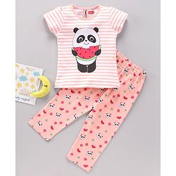 Babyhug Cap Sleeves Top & Capri Set Stripes & Panda Print- Pink