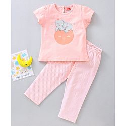Babyhug Cap Sleeves Top & Capri Set Stripes & Elephant Print- Pink