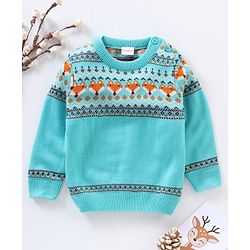 Babyhug Full Sleeves Jacquard Knit Pullover Fox Print - Blue