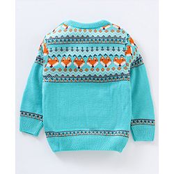 Babyhug Full Sleeves Jacquard Knit Pullover Fox Print - Blue