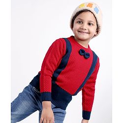 Babyhug Cable Knit Full Sleeves Pullover Sweater with Bow Colour Block - Red and Blue