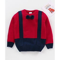Babyhug Cable Knit Full Sleeves Pullover Sweater with Bow Colour Block - Red and Blue