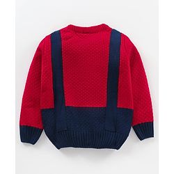 Babyhug Cable Knit Full Sleeves Pullover Sweater with Bow Colour Block - Red and Blue