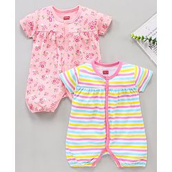 Babyhug 100% Cotton Half Sleeves Romper Pack of 2 - Pink White
