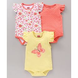 Babyhug 100% Cotton Frill Sleeves Onesie Butterfly Print Pack of 3 - Multicolour