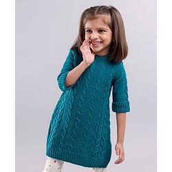 Babyhug Three Fourth Sleeves Cable Knit Woollen Dress - Blue