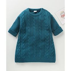 Babyhug Three Fourth Sleeves Cable Knit Woollen Dress - Blue