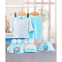 Babyhug 100% Cotton Clothing Gift Set Elephant Print Pack of 8 - Blue