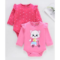 Babyhug 100% Cotton Full Sleeves Heart Printed Onesies Pack Of 2 - Pink