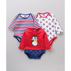 Babyhug 100% Cotton Full Sleeves Onesie Printed & Stripes Pack of 3 - Red Blue White
