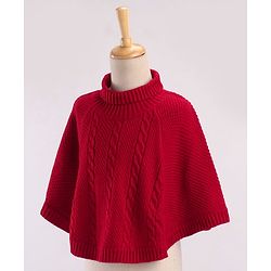 Babyhug Solid Woollen Poncho Cable Knit Design - Red