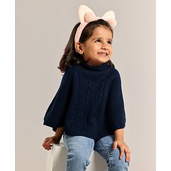 Babyhug Woollen Poncho Solid Colour & Cable Knit Design - Navy Blue