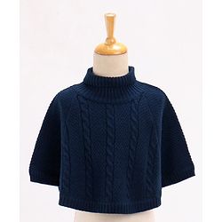 Babyhug Woollen Poncho Solid Colour & Cable Knit Design - Navy Blue