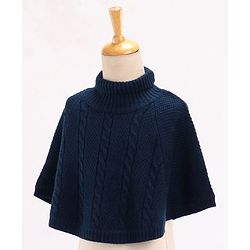 Babyhug Woollen Poncho Solid Colour & Cable Knit Design - Navy Blue