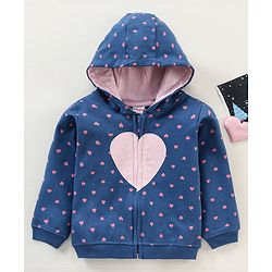 Babyhug Cotton Knit Full Sleeves Hooded Sweat Jacket Heart Print Applique - Blue
