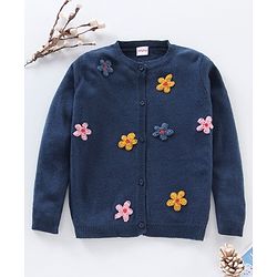 Babyhug Knit Full Sleeves Pullover Sweaters with Floral Applique - Navy