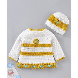 Babyhug Full Sleeves Color Block Woollen Dress with Cap Star Design - Off White Yellow